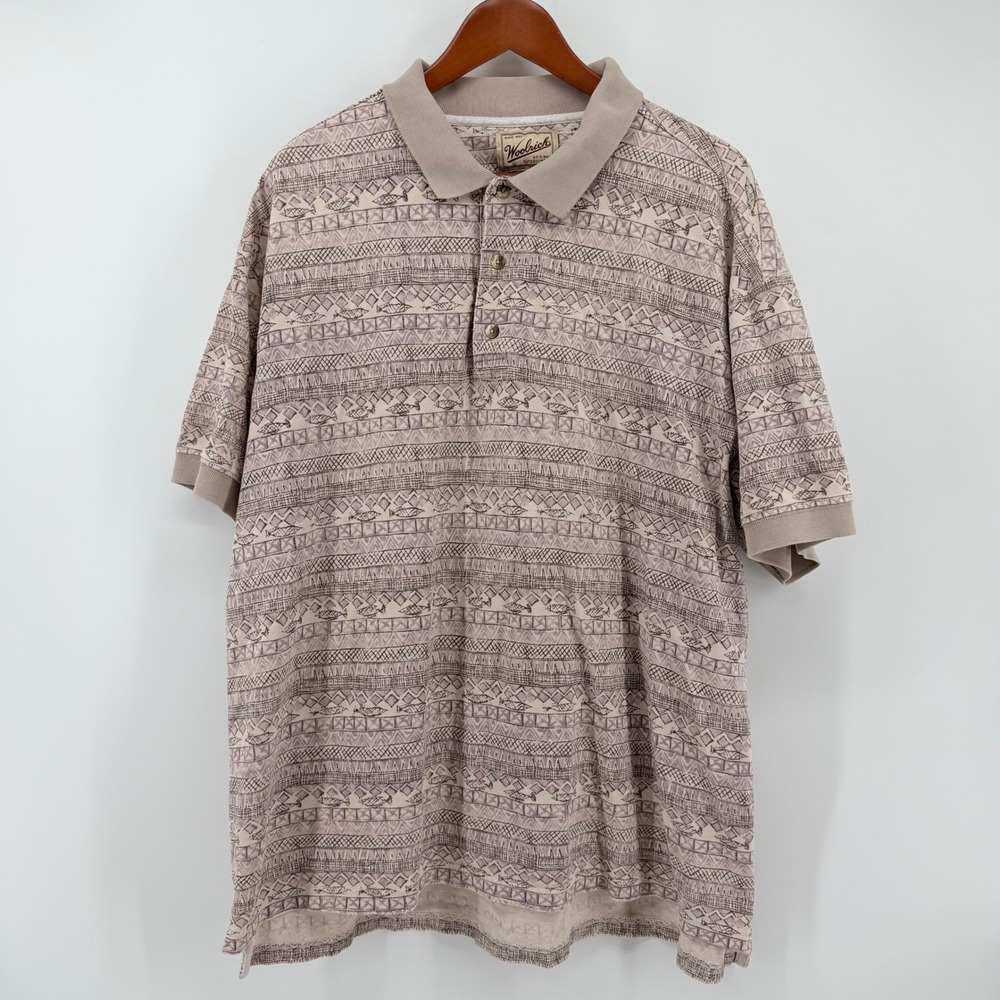 Vintage Woolrich Mens XL Geometric Tribal Knit Polo Shirt Tan Aztec Southwestern